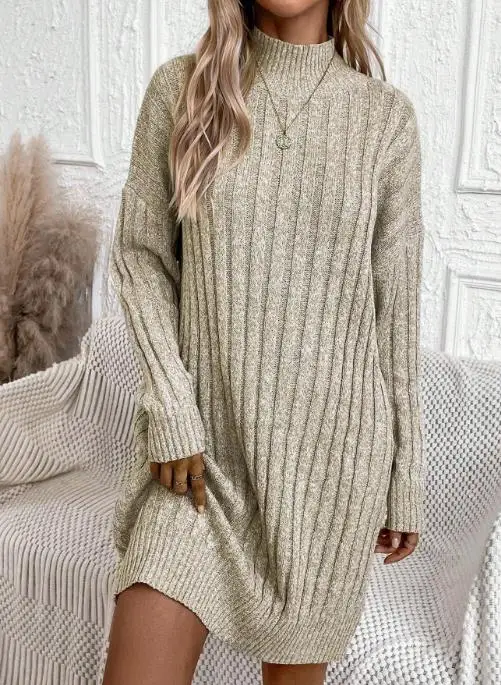 

Autumn and Winter New Solid Color High Collar Long Sleeve Loose Knitted Dress for Women, Elegant Pit Strip Knitted Dress