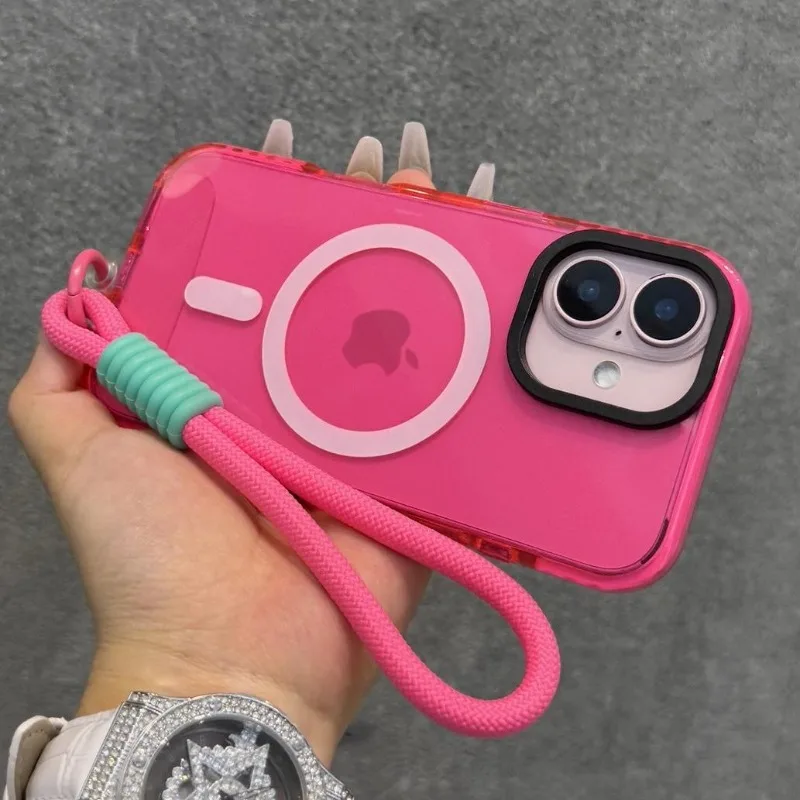 Transparent Neon Color MagSafe Lanyard Phone Case for 15 16 17 Pro Max 13 14 12 11 Air Wireless Charging Soft Wrist Strap Cover