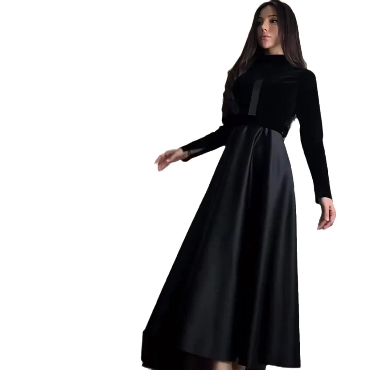 Velvet Slim Sexy Waist Dress for Women Casual Solid Long Sleeve Muslim Abayas Black Muslim Dresses Party Evening Vestidos New