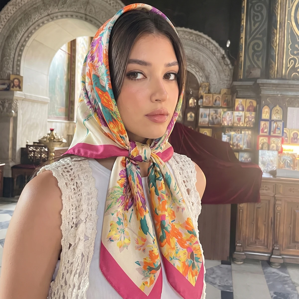 

Luxury Brand 2026 Chain Print Square Silk Scarf for Women Hijab Hair Bands 90cm Neckerchief Female Satin Shawl Ribbon Headband