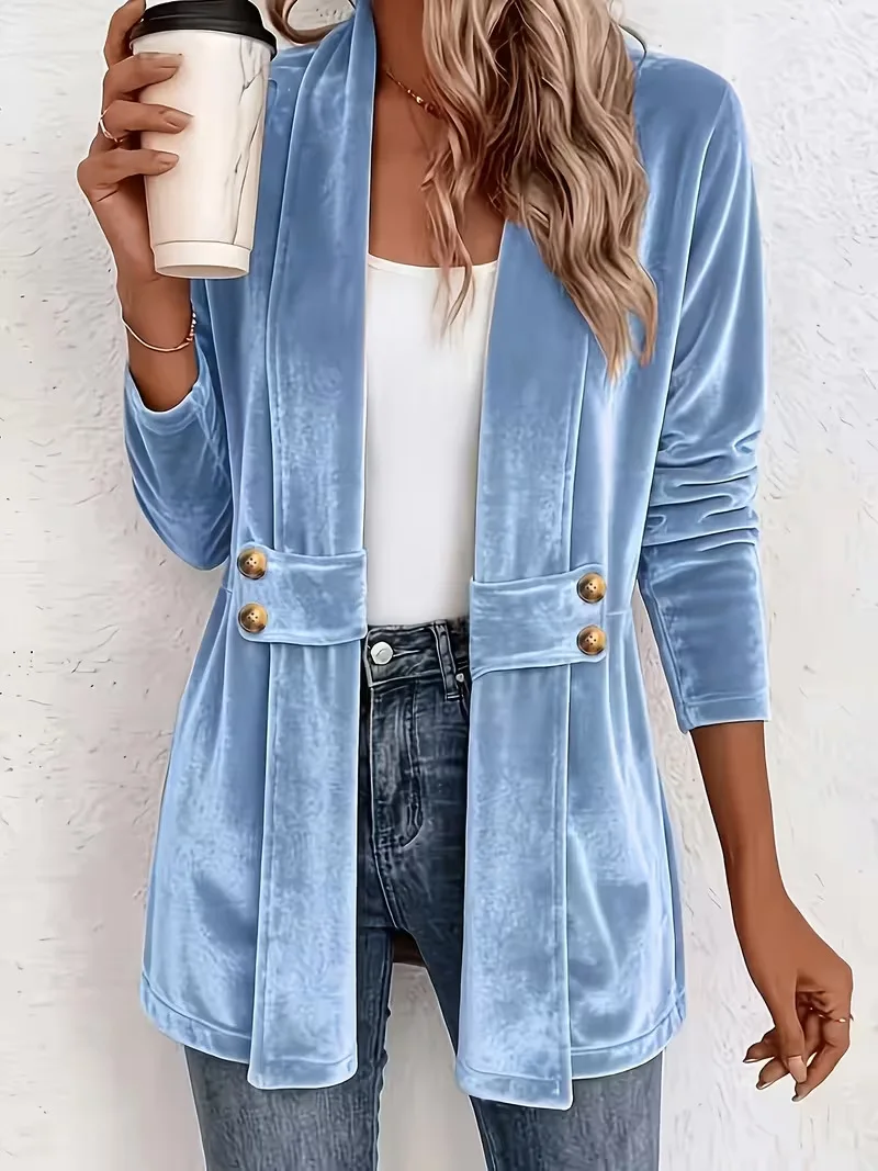 Women Velvet Open Front Cardigan, Long Sleeve Mid Length Coat, Button Decor, Casual Outfit for Daily & Office 6