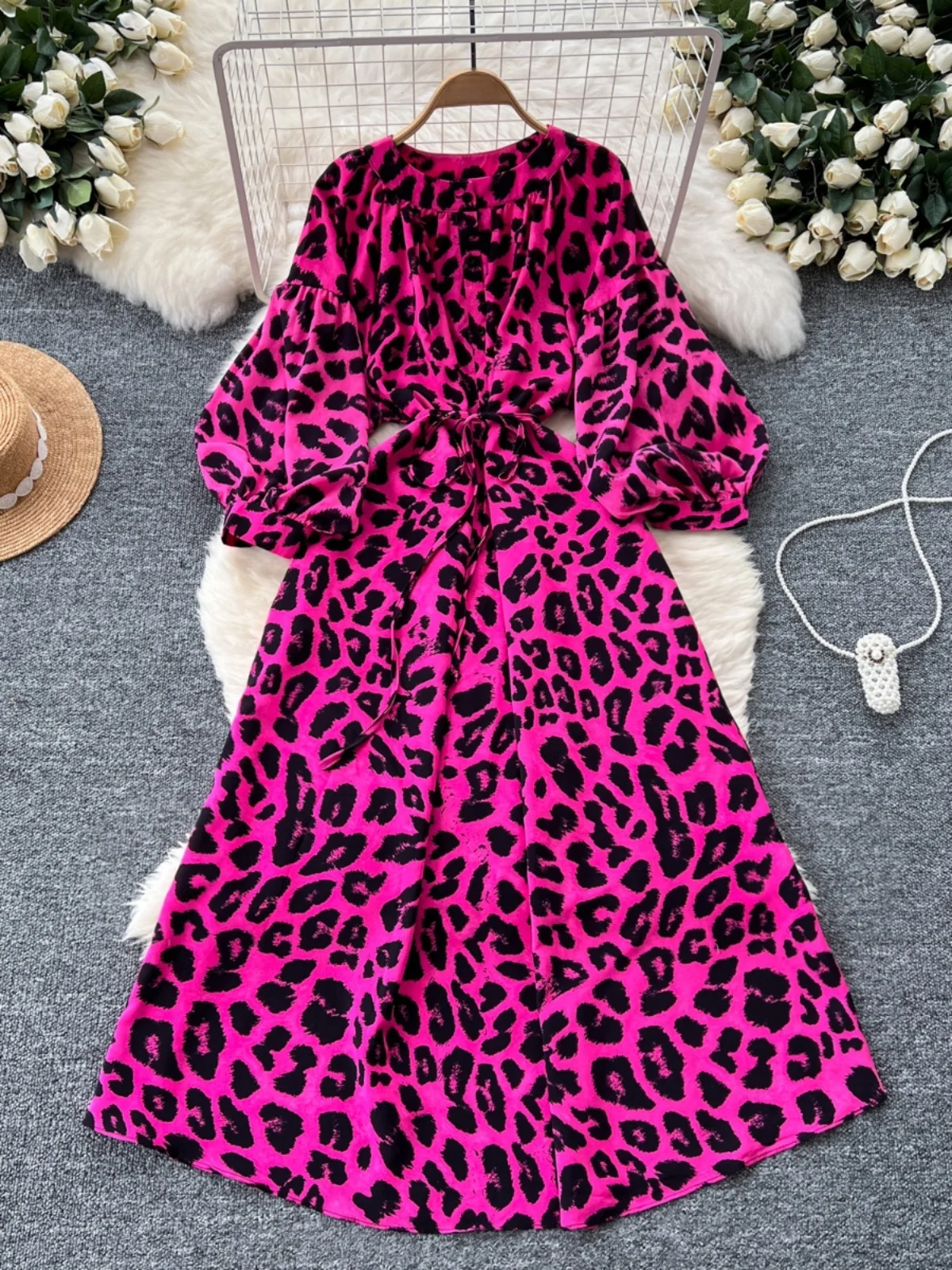 Retro-Druck Dr. Damen Herbst 2024, tailliert, rund, Ne Lantern Sve, schlankmachend, lang, Dr. Koreanische Sle, hohe Taille