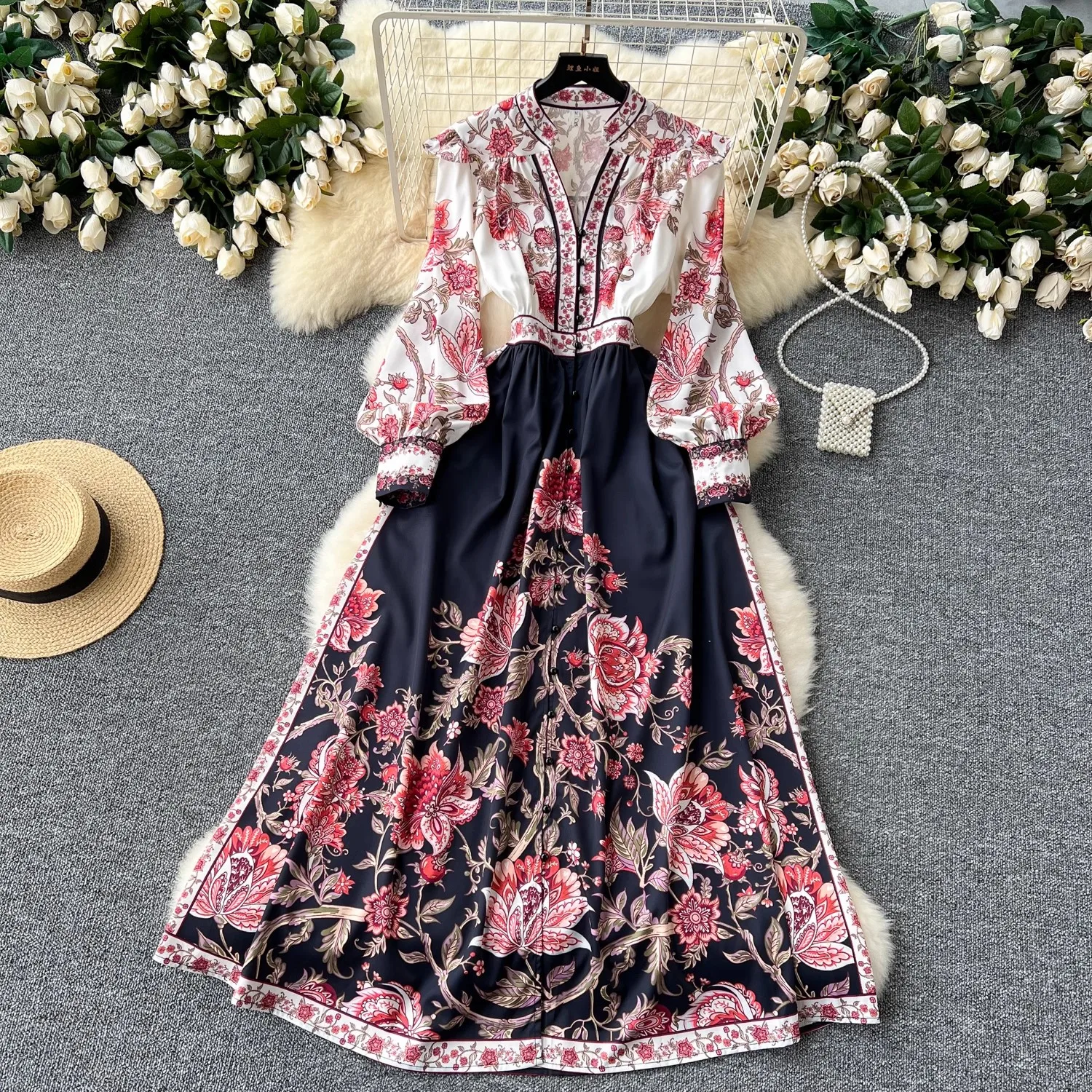 Autumn Runway Long Dress Women\'s V-Neck Lantern Sleeve Single-Breasted High Waist Floral Print Holiday Party Pleated Vestidos