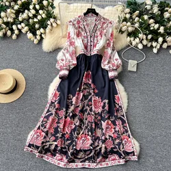 Autumn Runway Long Dress Women's V-Neck Lantern Sleeve Single-Breasted High Waist Floral Print Holiday Party Pleated Vestidos