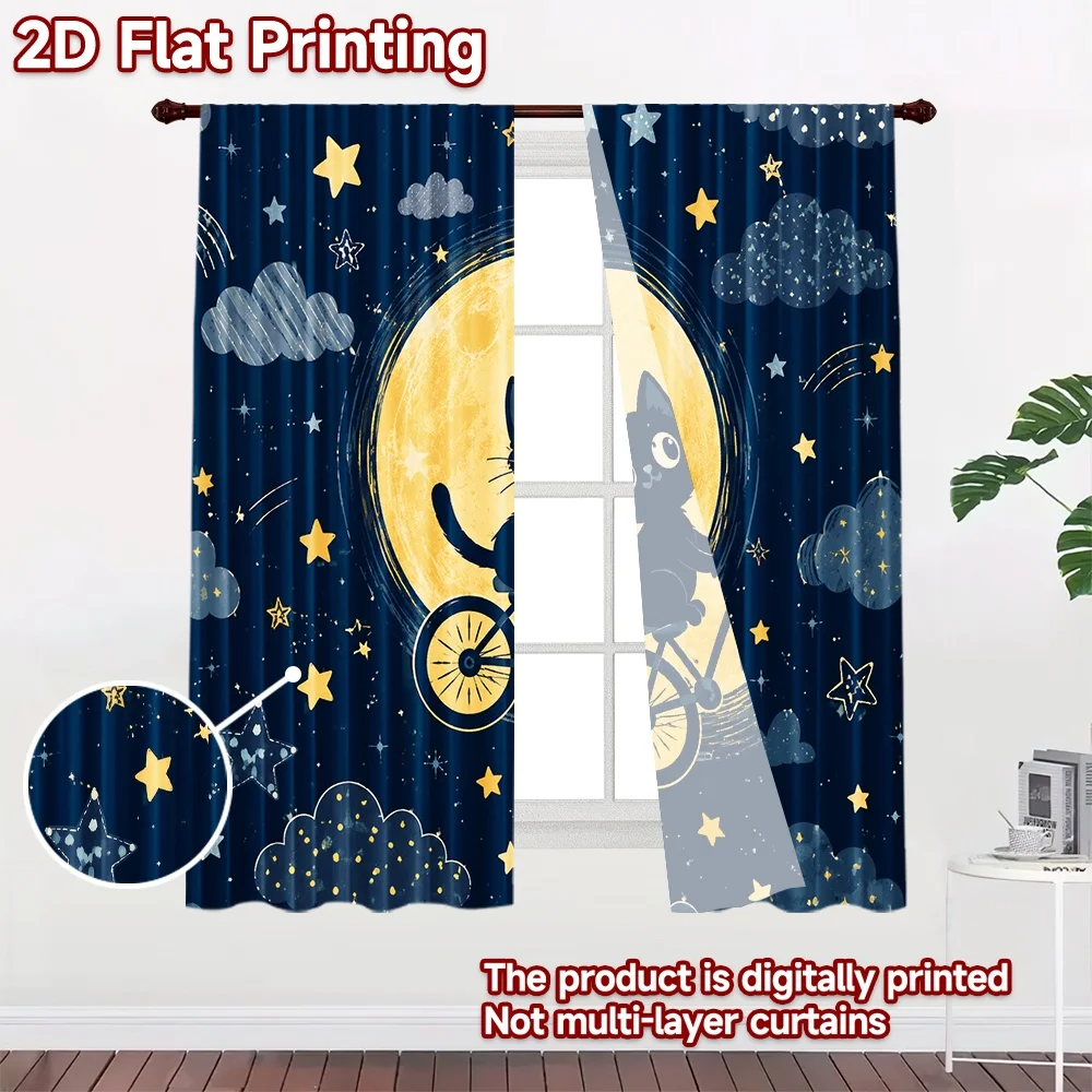 2D flat 2pcs Curtain French Romantic Style Curtains Moonlit Cat on Bicycle Durable polyester fiber Party Decorations for Home &