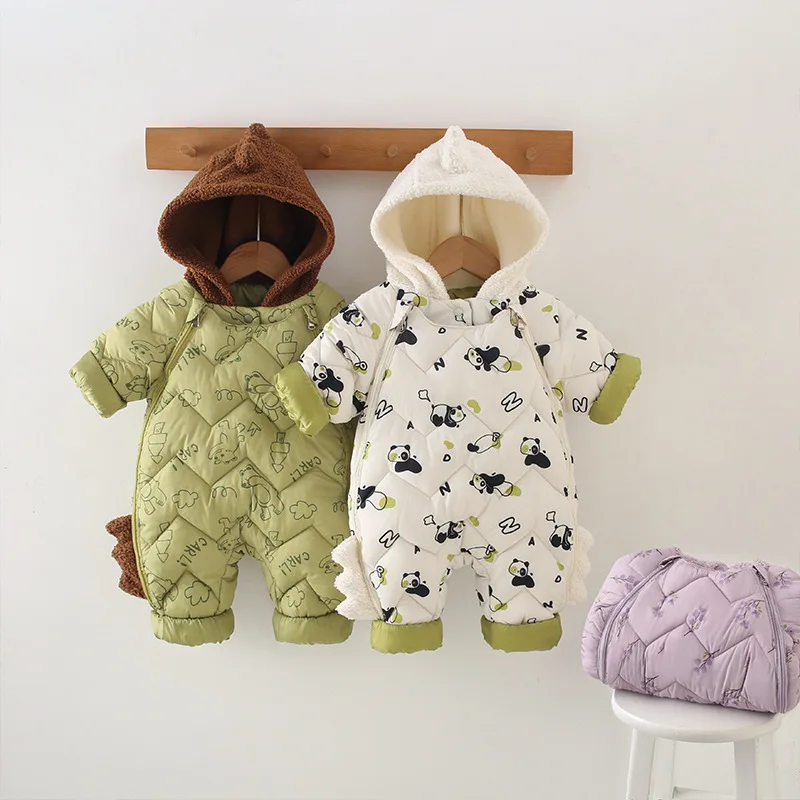 

Baby Winter Romper Cartoon Warm Thickened Hooded Onesie 0-2Y Infant Jumpsuit Double Zipper Snap Button Outdoor Snowsuit Bodysuit