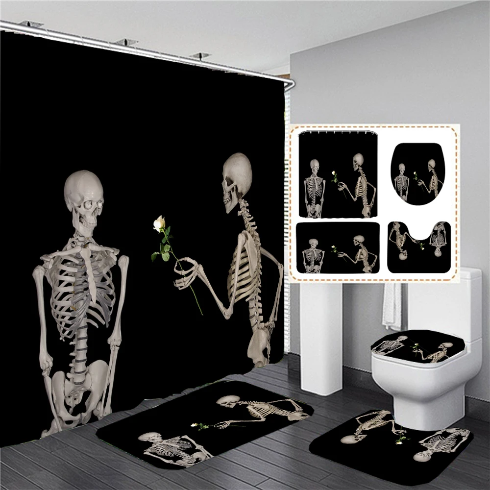 Black Skull Skeleton Print Shower Curtain Set 3D Funny Waterproof Horrible Halloween Festival Bathroom Decor Carpet Toilet Cover