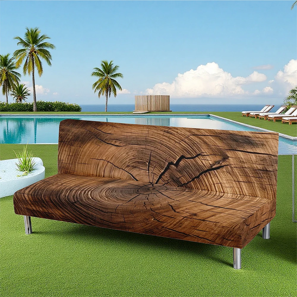 Rustic Wood Grain Summer Outdoor Sofa Bed Cover, Elastic All - inclusive Couch Slipcover, Suitable for Garden