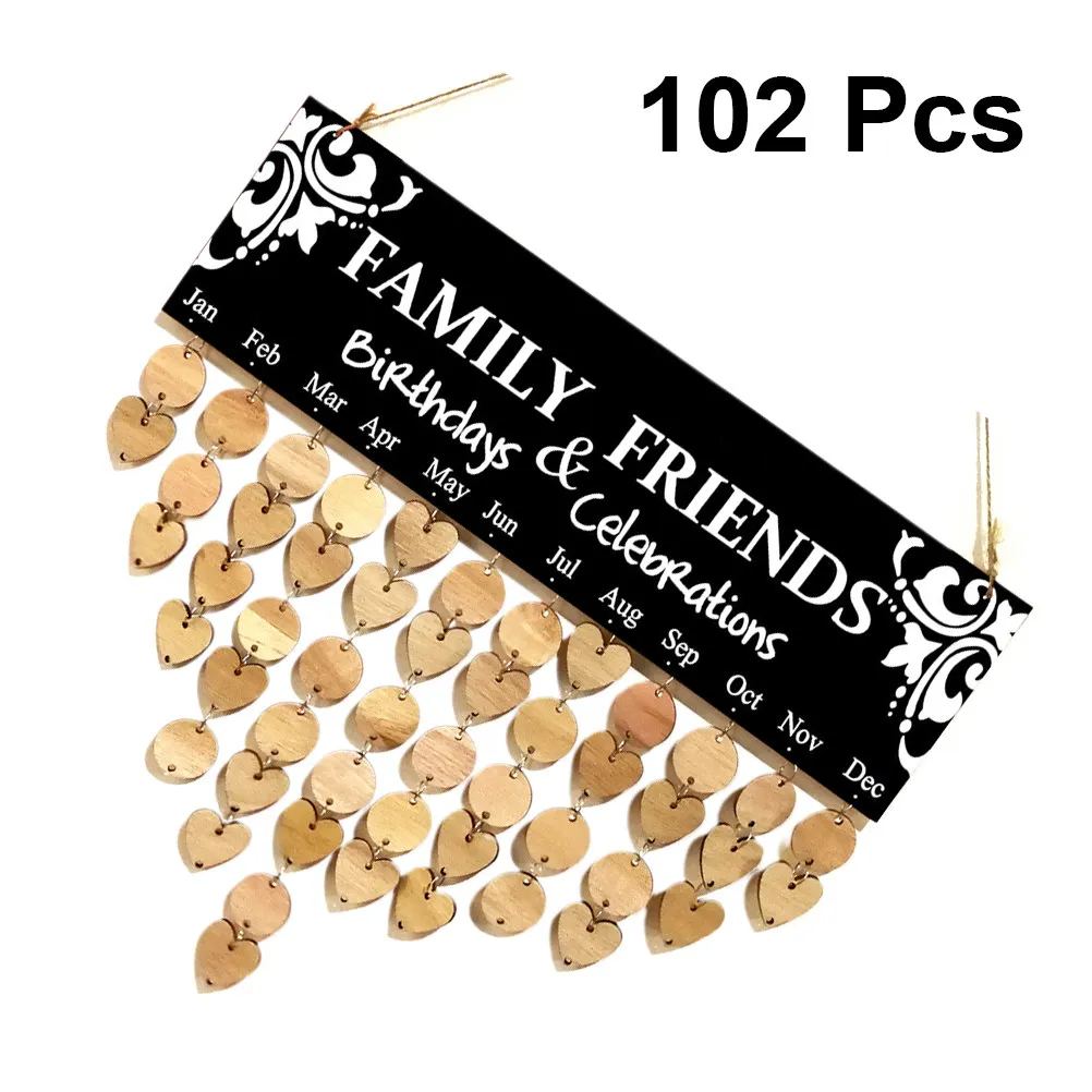 

102Pcs Family Birthday Calendar Board Wooden DIY Anniversary Reminder Hanging Organizer Hearts Discs Tags Home Party Wall Decor