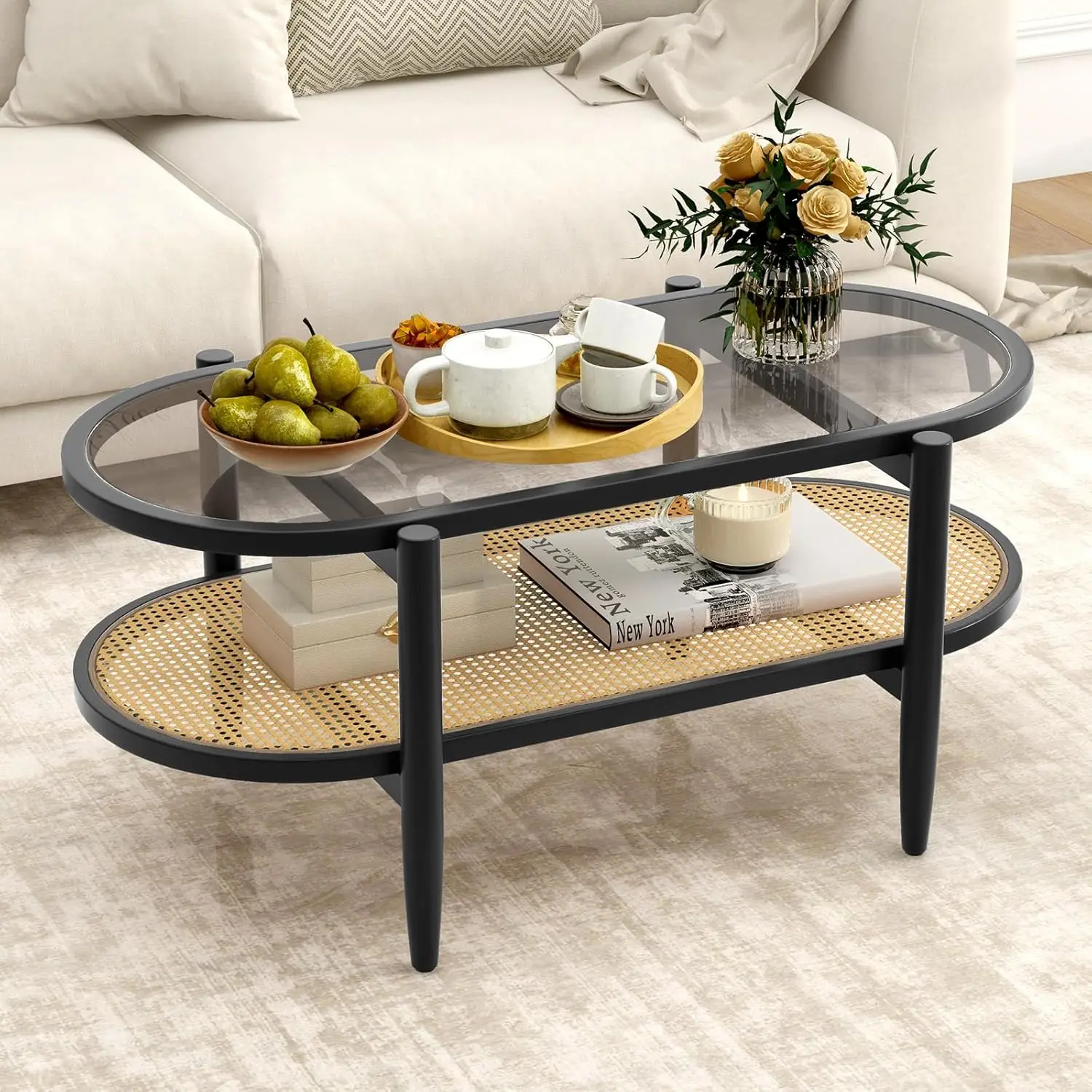 Giantex Rattan Coffee Table, 2-Tier Oval Wood Tea Table with Tempered Glass Tabletop & PE Rattan Storage Shelf, 40