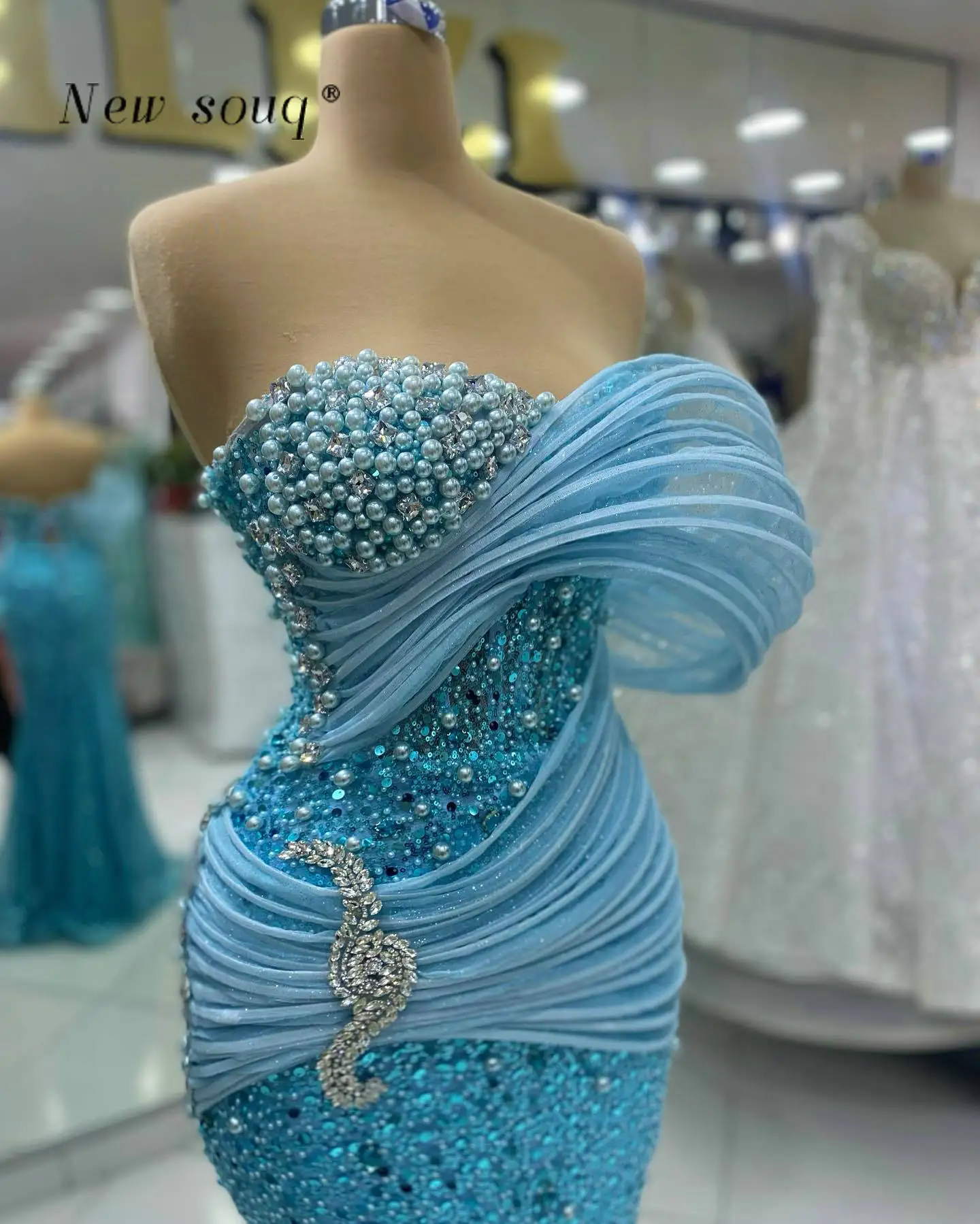 

Блестящие Длинные вечерние платья-русалки небесно-голубого цвета с блестками, корсет без рукавов с жемчужинами и бусинами, современное модное женское платье для выпускного вечера