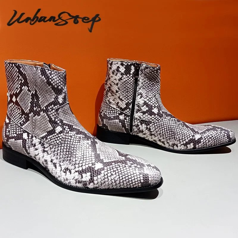 LUXURY MEN'S BOOTS HIGH ZIPPER ANKLE BOOTS SLIP ON PYTHON PRINT CASUAL DRESS SHOES WHITE WEDDING PARTY LEATHER BOOTS MEN