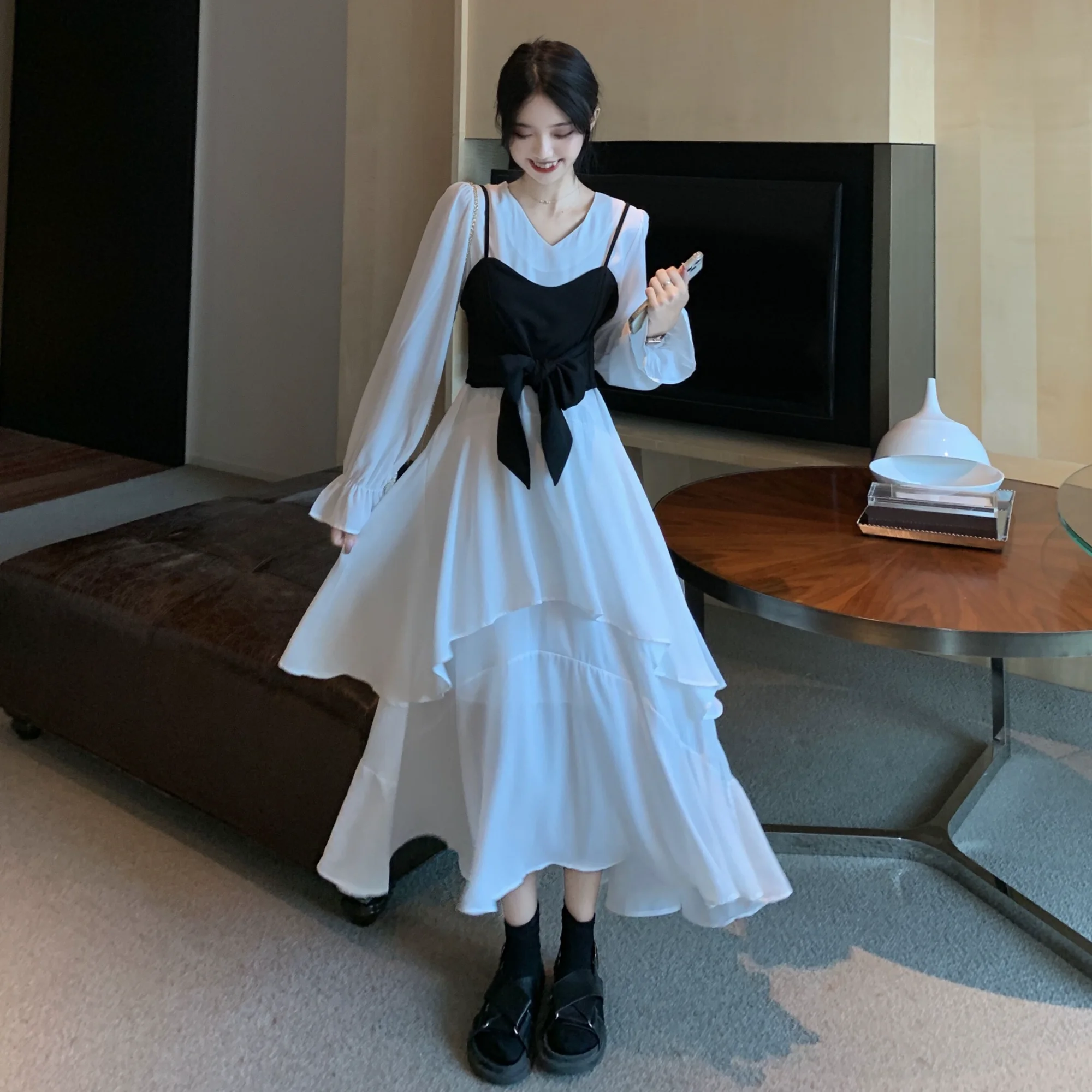 Irregular White Midi Dress Women Long Sleeve Autumn New Fashion Designer Ins Minority Princess Tender Simple Minimalist Ulzzang