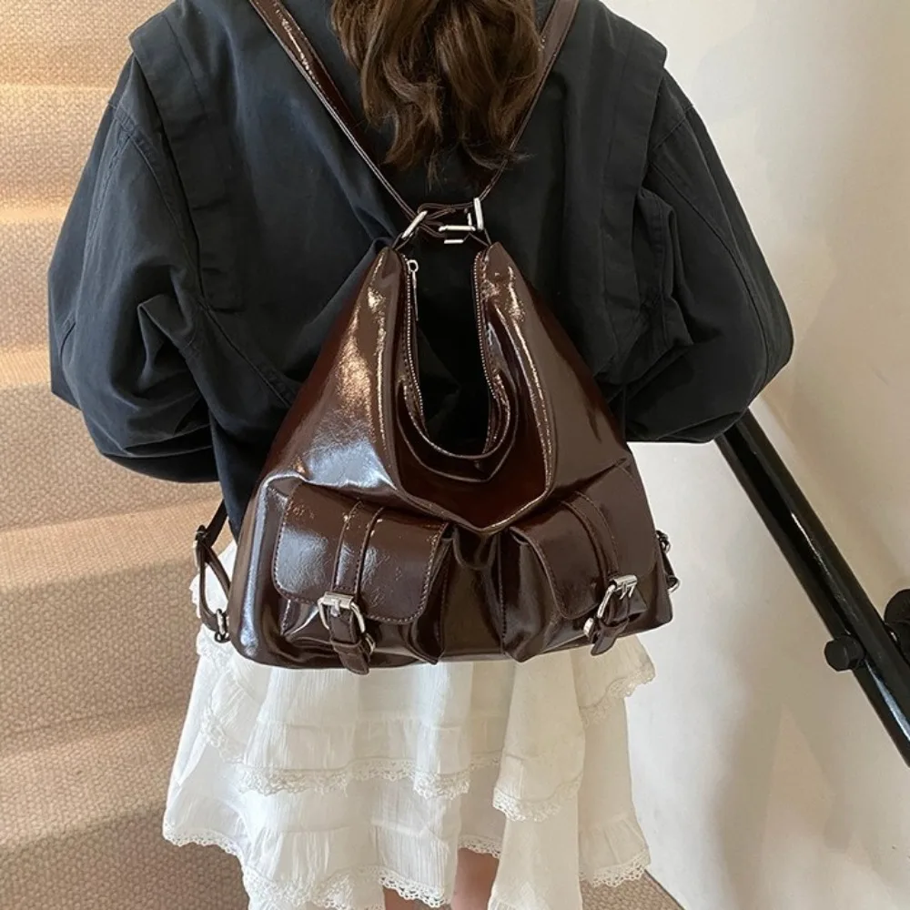 الصلبة اللون جيوب متعددة حقائب الظهر سعة كبيرة حقيبة كتف بولي Leather الجلود حقيبة كروسبودي حمل حقيبة Y2K نمط المرأة على ظهره #3