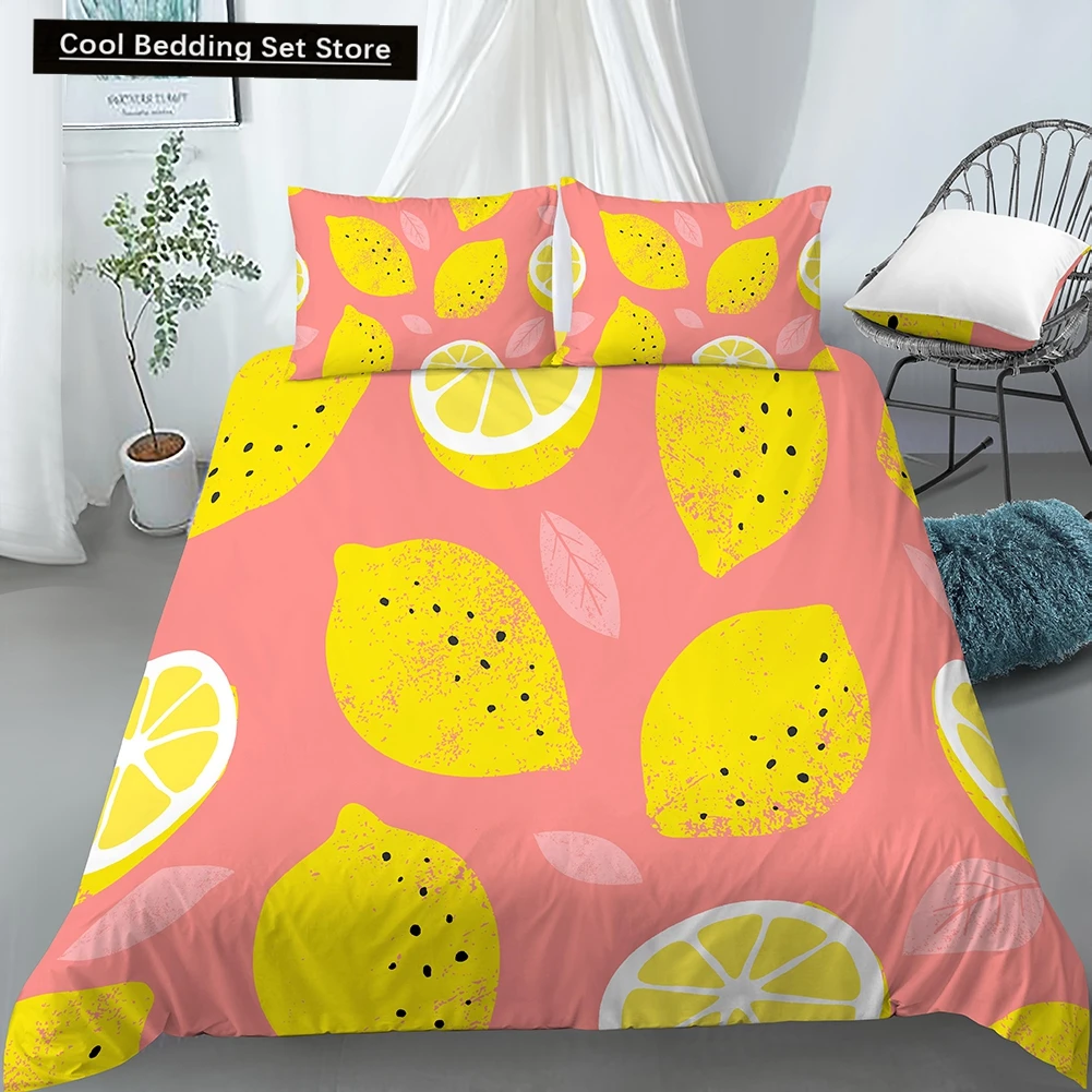 

Lemon Printed Bedding Set Yellow Green Fruit Theme Pink Duvet Cover King Queen Size Cute Cartoon 2/3pcs Polyester Quilt Cover