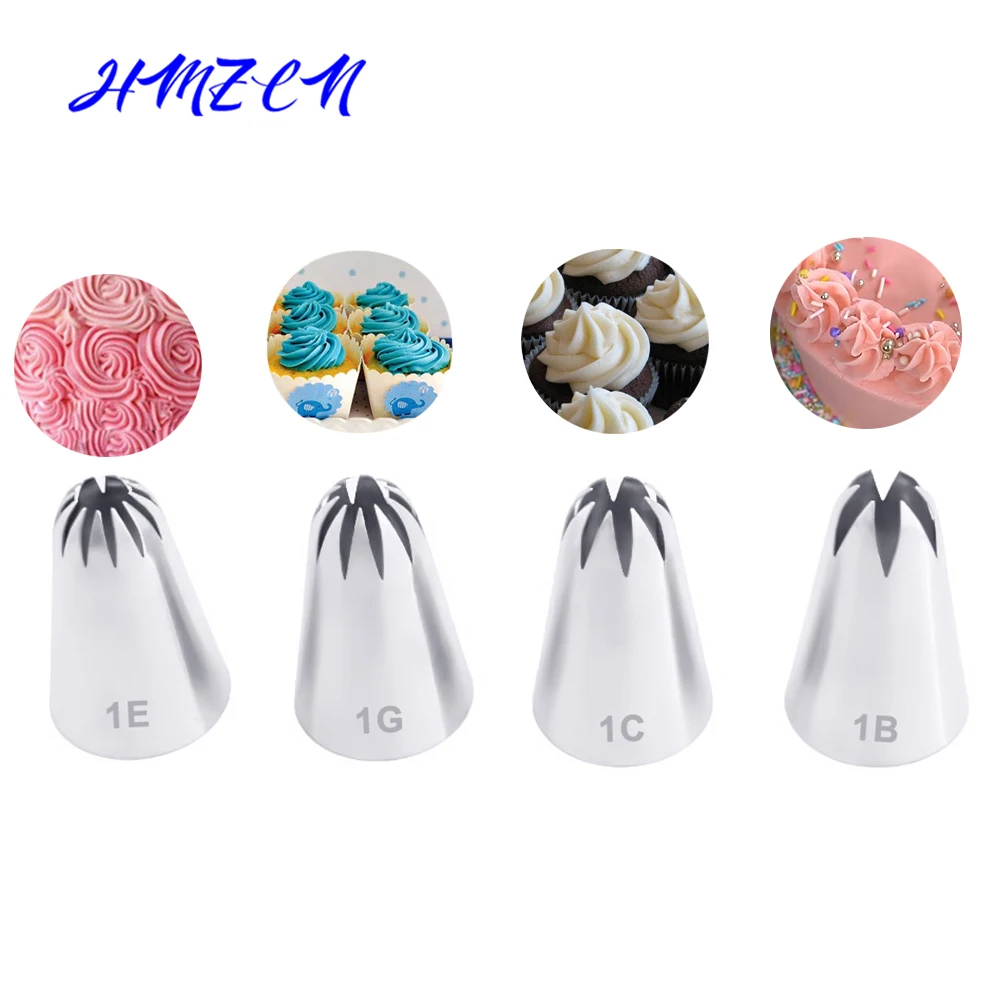 1/4pcs Large Icing Piping Nozzles Decorating Cake Baking Cookie Cupcake Piping Nozzle Stainless Steel Pastry Tips #1B#1C#1E#1G