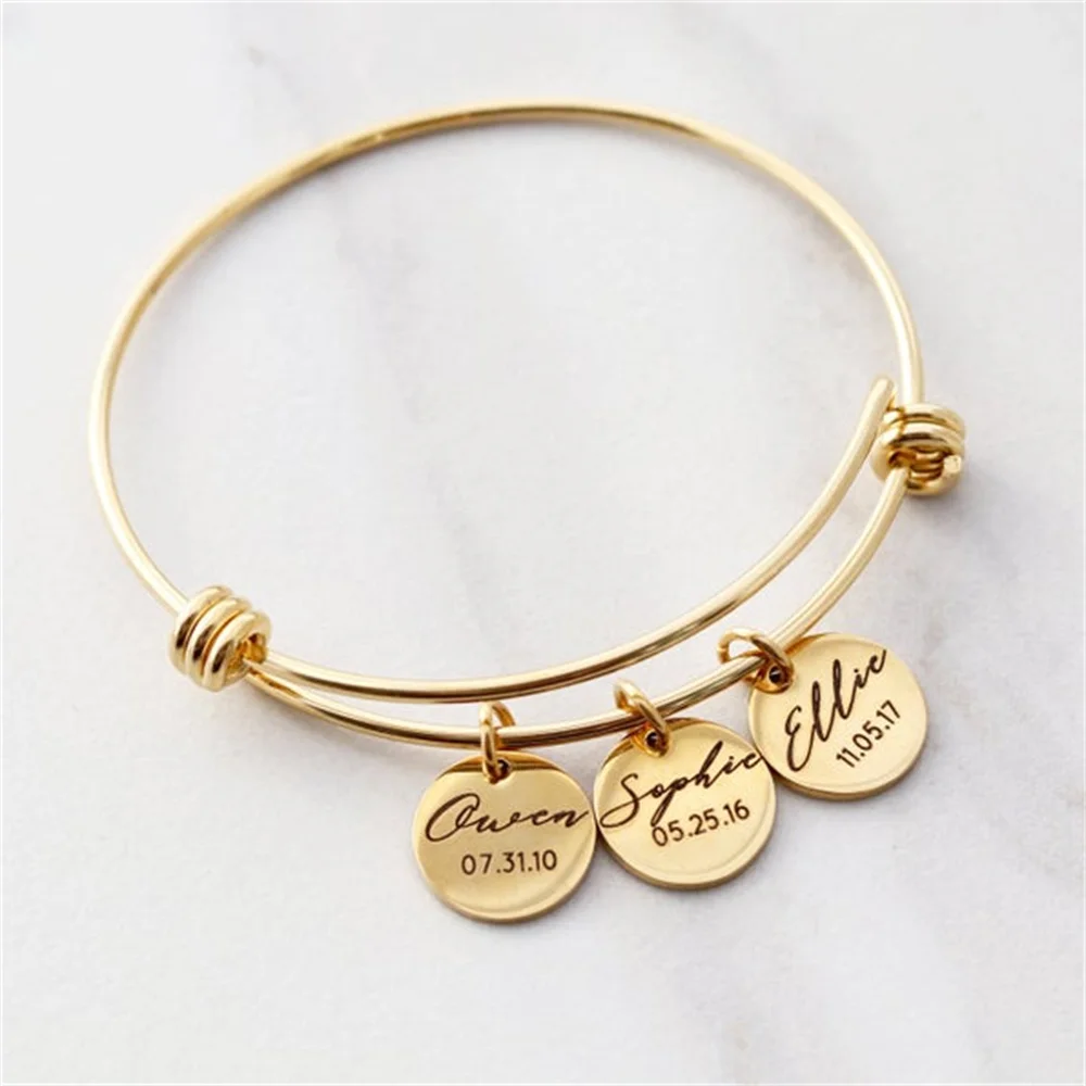 Customized Engraved 1-3 Names Bracelets Personalized Custom Round Heart Bangle for Women Boy Girl Bracelets Beautiful Gift image 2