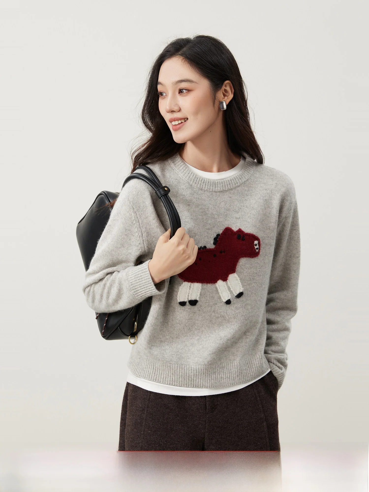 

Ele Sle Women's Knitted Wool Sweater Embroidered Insert Flower Double Layer Knit round Ne Soft Cotton Nylon Fabric