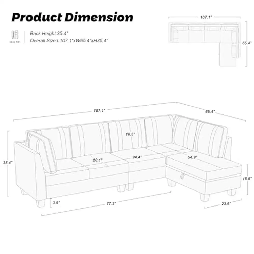 Velvet Sectional Couch 4-Seater Sofa with Reversible Chaise and Storage Ottoman Beige