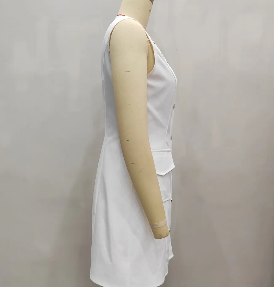 夏の新作 花柄刺繍襟デザイン Vネックボタンフロントノースリーブワンピース レディース エレガント スリム Aラインワンピース