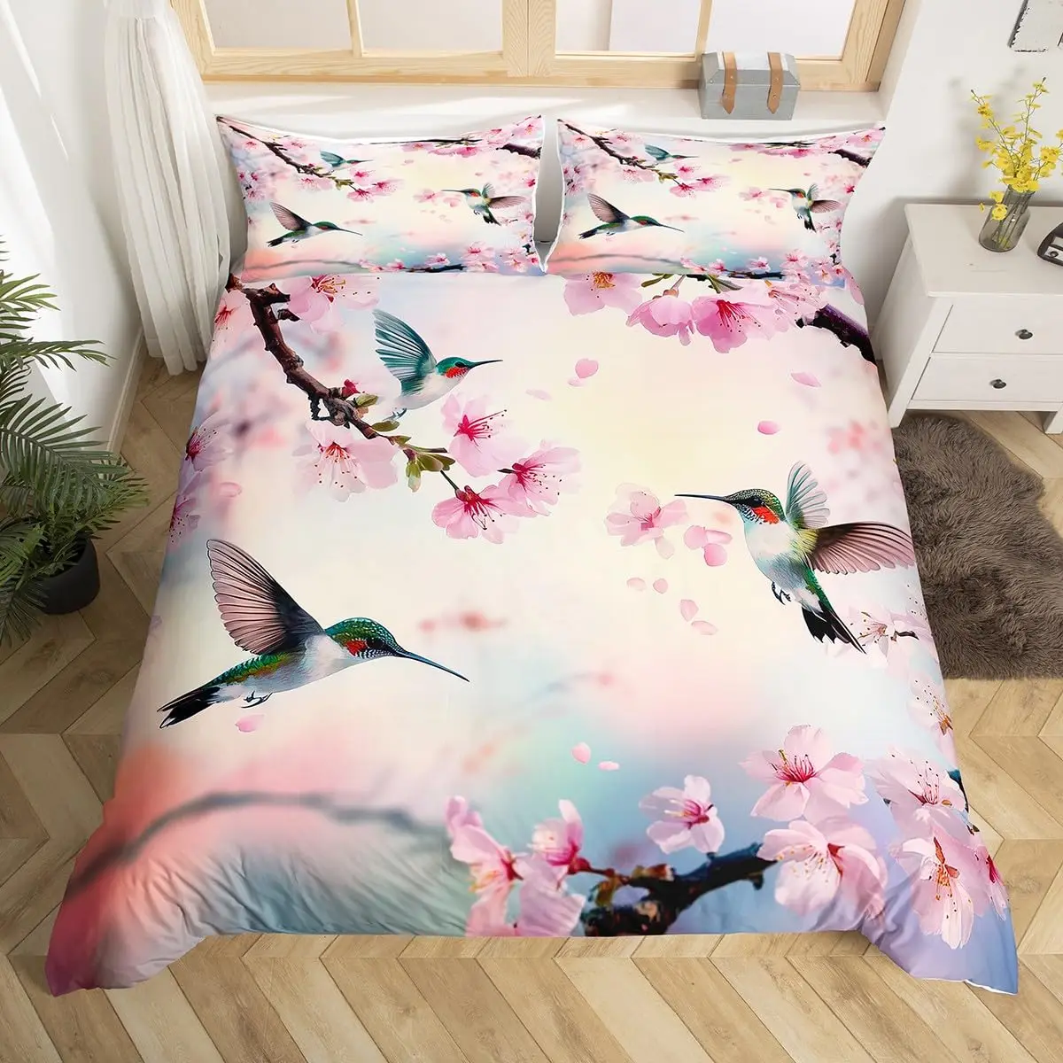 

Hummingbird Floral Duvet Cover Birds Bedding Set Blue Green Spring Wild Animals Botanical Comforter Cover Polyester Quilt Cover
