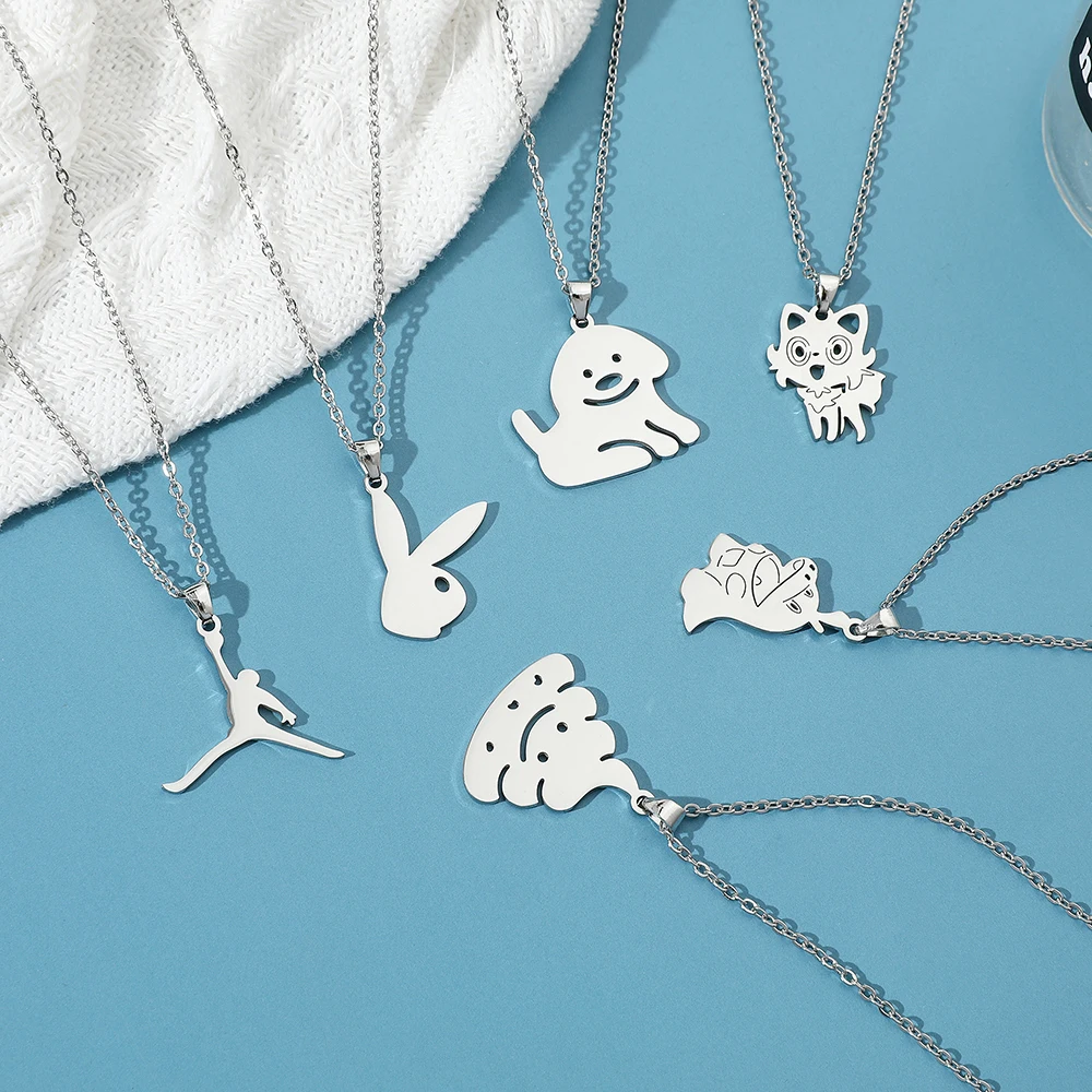 Simple Cartoon Rabbit Dog Stainless Steel Necklace Creative Animal Avatar Pendant Collarbone Chain Accessory for Friend