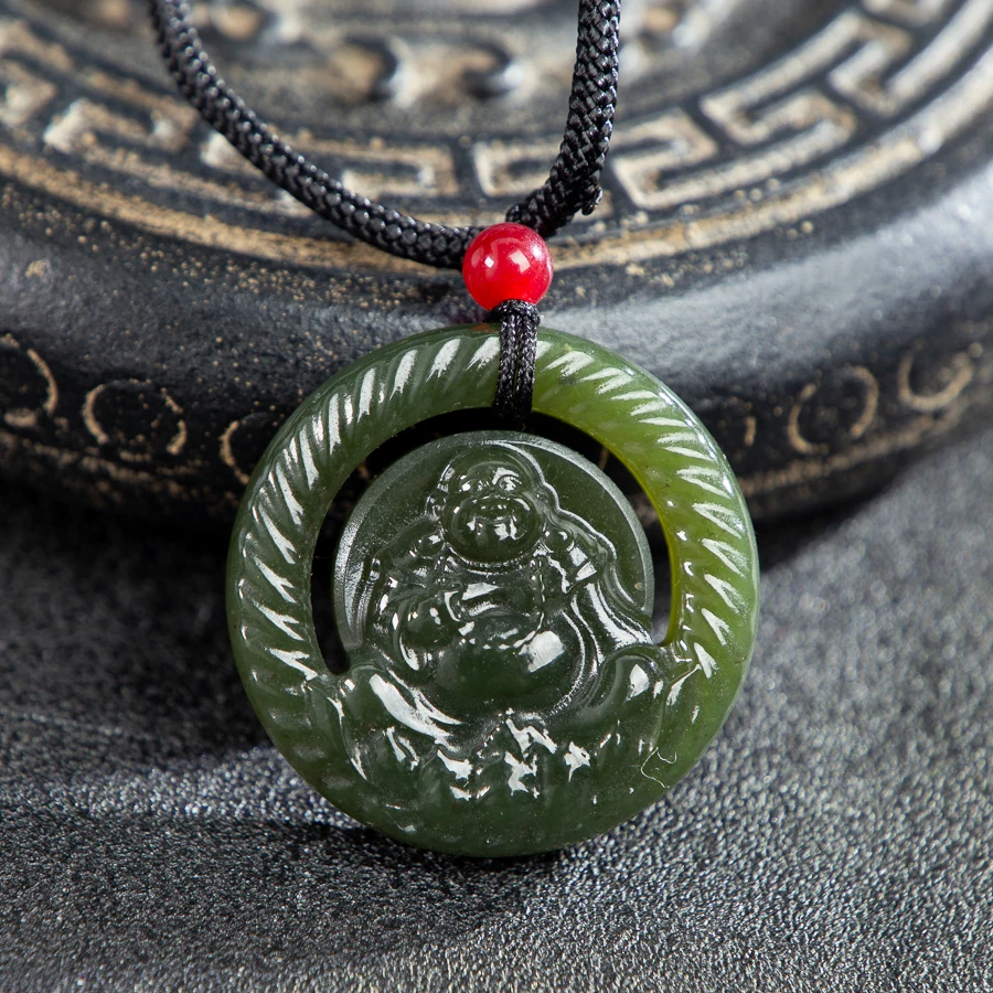 

TIMESWIND Natural Hetian Jade Deep Green Big-bellied Buddha Round Pendant Men Necklace with Certificate