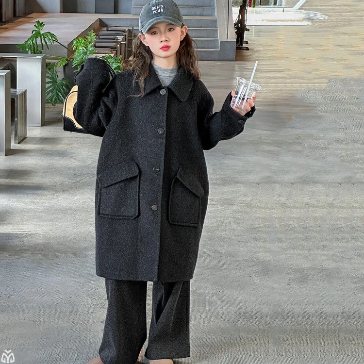 autumn winter teen girls Soft black woolen overcoat 4-14 junior kids warm length topcoat Korean casual big child outerwear coat
