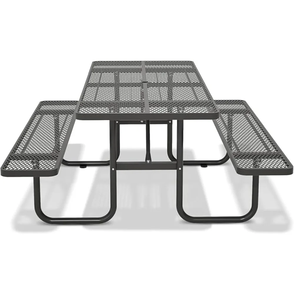 

72'' Steel Rectangular Metal Picnic Table for Outdoors, Commercial Picnic Table with Umbrella Hole of Up to 1-1/2" Diameter