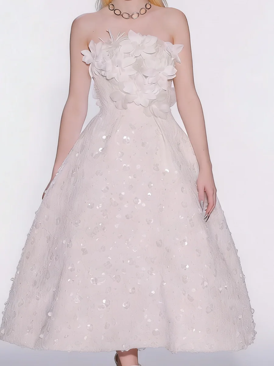 Elegant Strapless Appliquins Sleeveless Tea-Length A-Line Bride Wedding Dresses Bridal Gowns Customized