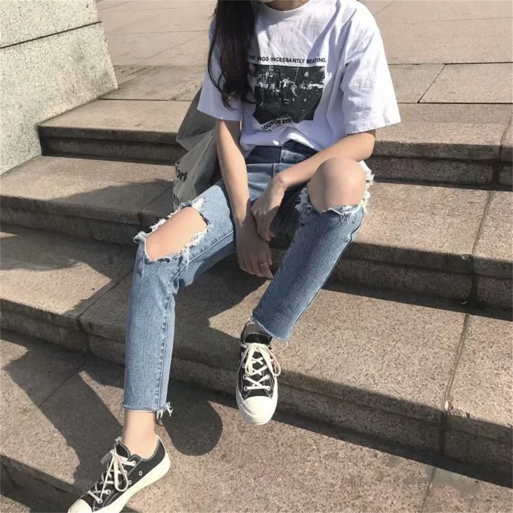 Spring Summer 2022 Washed Old Tassel Jeans Women's Mid-waist Solid Color Slim Fit Slim High Elastic Pencil Pants Women Jeans