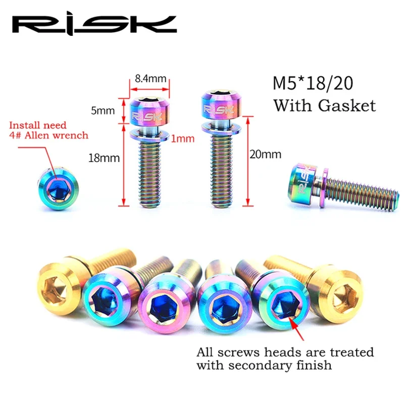 RISK 6PCS M5*18mm M5*20mm TC4 Titanium alloy Bicycle stem fixing screws Bolts For Bike MTB Bike Parts 3 Colors