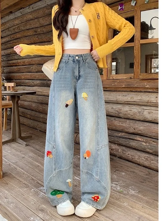 

plus Size Women's Retro Cartoon Embroidery High Waist Straight Leg Jeans Autumn Winter New Sle Versatile Knife Pants