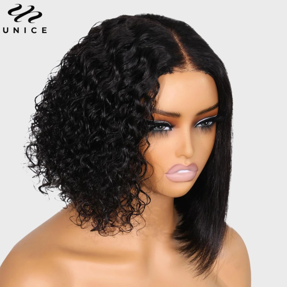 Unice 3x1 Lace Wet And Wavy Bob Wig 100% Human Hair 10Inch Short Straight Bob Wig Wet To Curly Bob Wig 2 in 1 Bob Lace Wigs