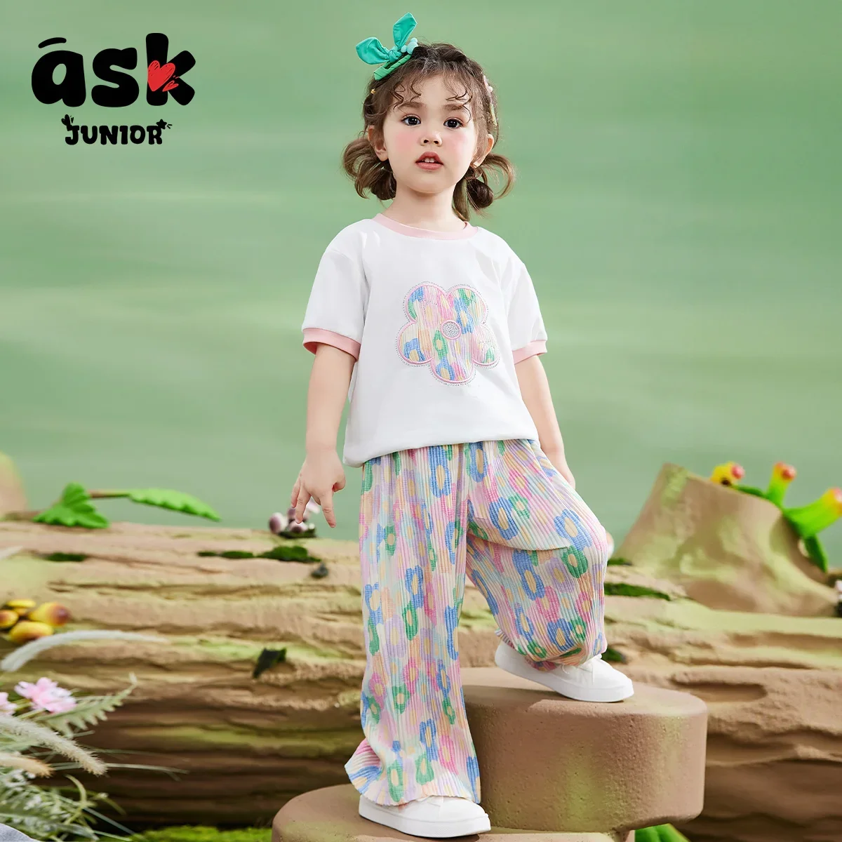 بدلة رياضية صيفية للفتيات للأطفال بأكمام قصيرة وطباعة رقمية رفيعة + بنطال واسع الساق مكون من قطعتين #3