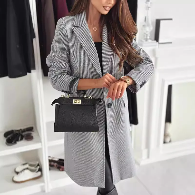 Women's Fashion Solid Color Button-down Woolen Coat Slim Fit Figure-flattering Versatile Elegant Commute Casual Cardigan Jacket