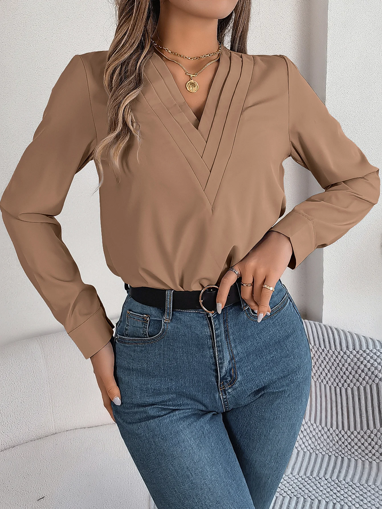 Casual Solid Color V Neck  Long Sleeve Blouse For Spring & Fall, Women\'s Clothing