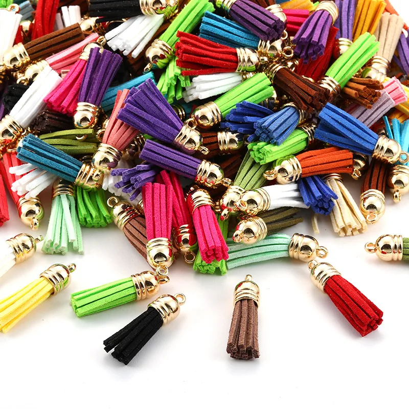 10pcs/Lot 38*10mm Colorful Mixed Suede Tassel For Keychain Leather Tassels Silver Gold Caps Straps DIY Jewelry Making Charms Pen