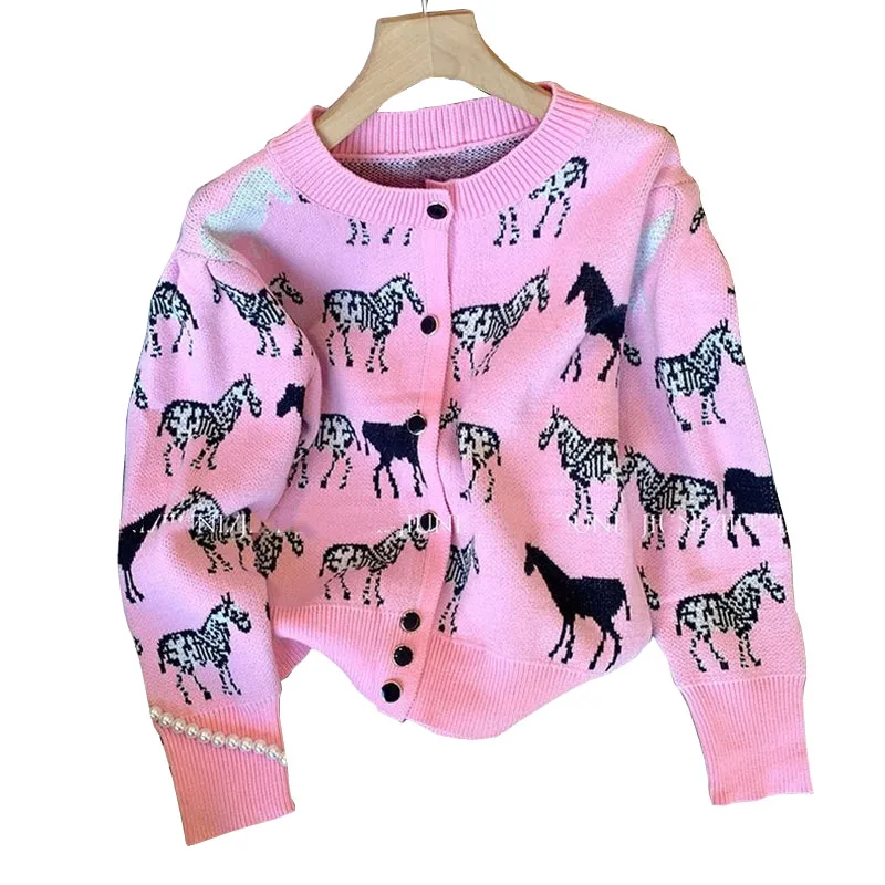 Cartoon Sweater Cardigans O Neck Loose Knitwear Women Sweater Jackets Female Long Sleeve Casual Knit Pink Sweater Coat Spring