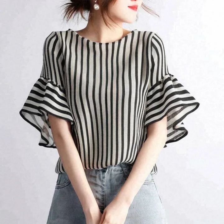 Women's Shirt Lady Cloth Run! New Circular Neck Strip Bell Sleeve Top T-shirt Women's Casual Dresses Prom Clothing Vestidos Eleg