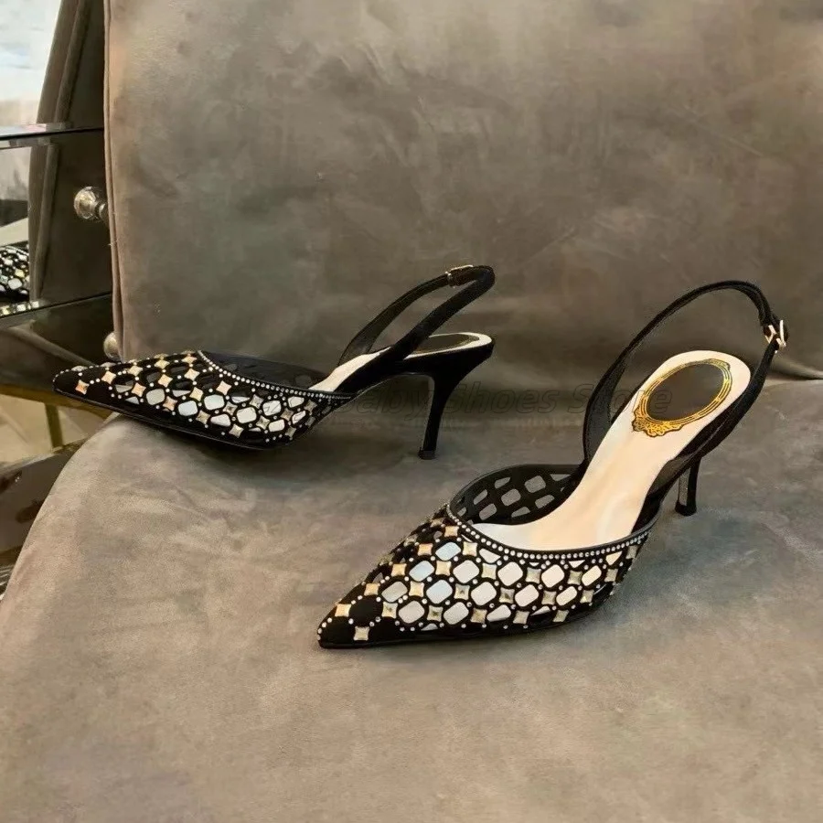 

French Style Exquisite Pointed Hollow Rhinestone High Heels Wedding Shoes with Fashionable Toe Caps Slim Heels Black Sandals