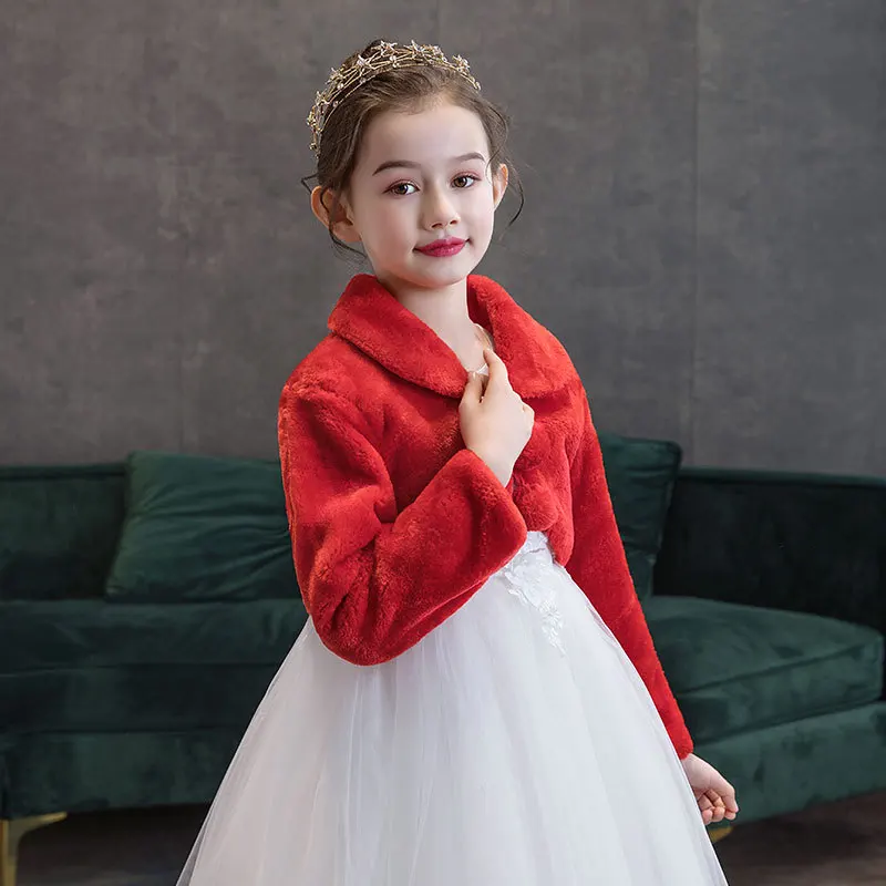 Cape en fausse fourrure pour enfants, blanc, rouge, fille, vêtements chauds d'hiver, robe de soirée de mariage, châle, veste de mariage, haussement d'épaules ronds, manteau BEmbed O