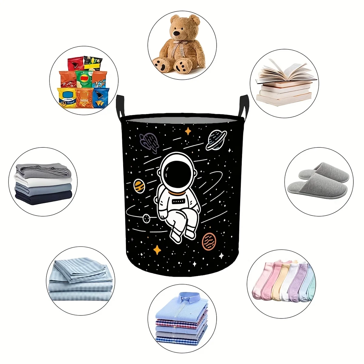 1pc Modern Round Laundry Basket with Astronaut Pattern - Minimalist Space-Themed Hamper Suitable for Home Decor