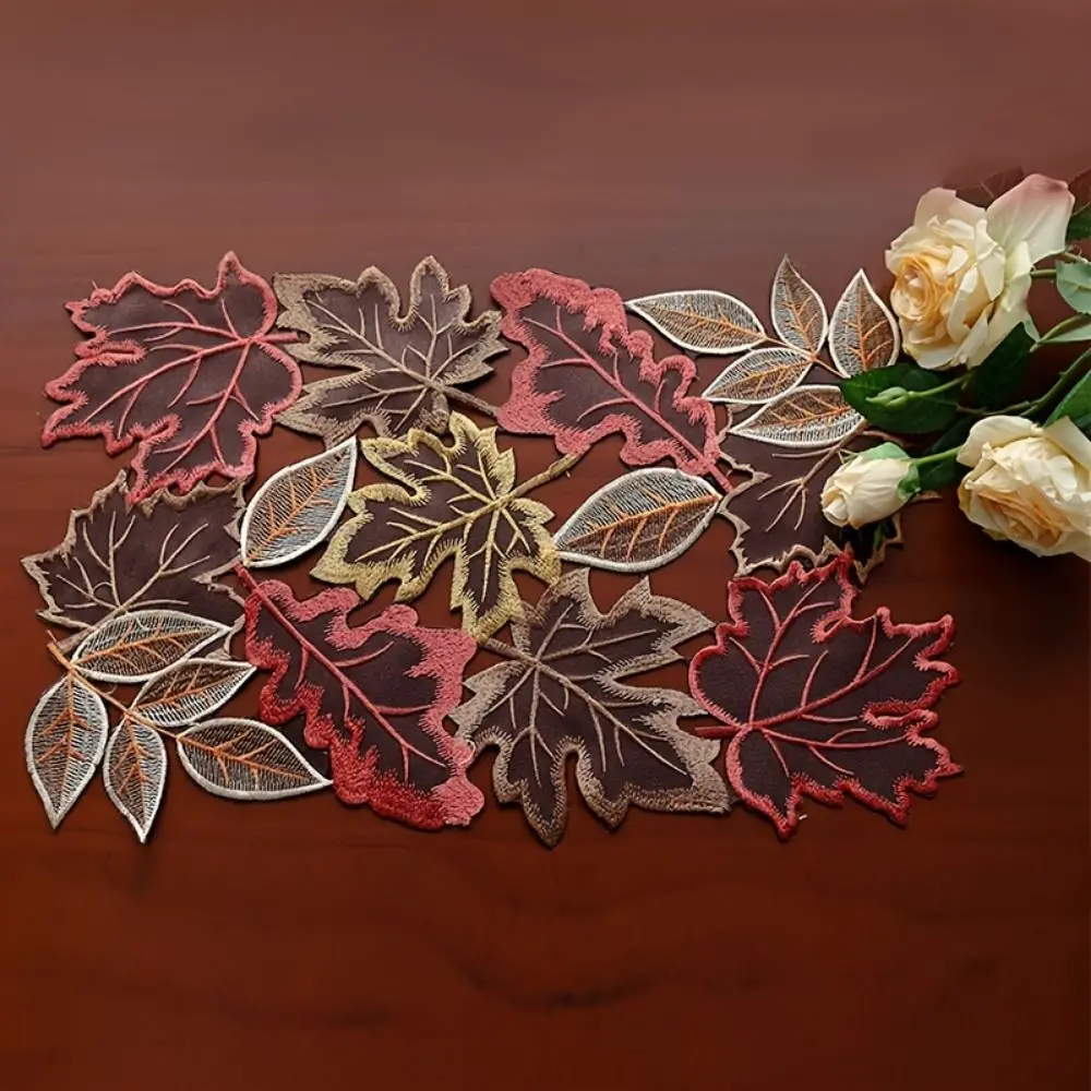 Rustic Maple Leaf Embroidered Table Runner Leaf Pattern Hollow Tabletop Placemat Multicolor Dinner Mat Fall Decoration