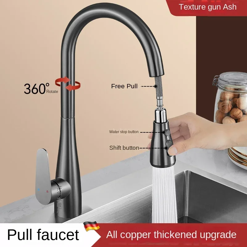 

Full copper faucet, pull-out universal, rotatable, kitchen hot and cold telescopic sink, vegetable washing basin, sink special