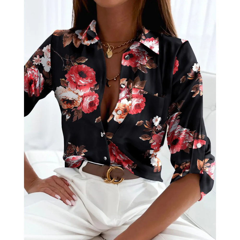 용수철 가을 여성 패션 프린트 단추 셔츠, 우아한 여성 라펠 긴팔 포켓 캐주얼 프랑스 블라우스