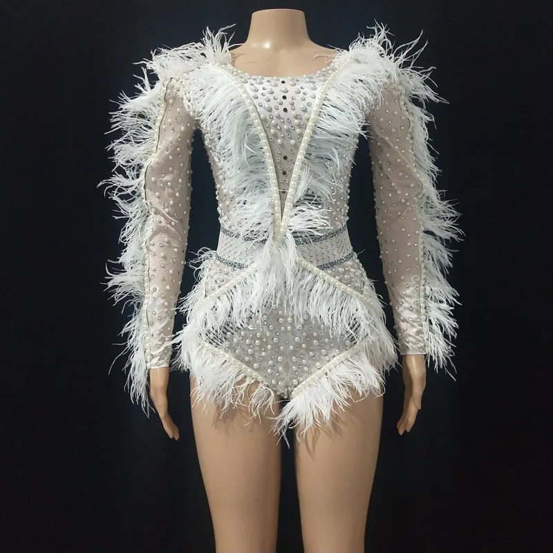 Crystal Pearl Feather Bodysuit Women Singer Party Show Bar Rhinestones Leotard Dance Costume Nightclub Performance Stage Wear