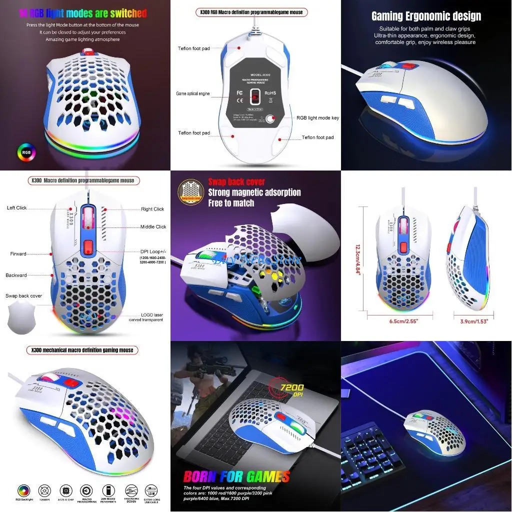 

20CE 7200DPI Optical Programmable Button RGB Honeycomb Mouse Wire Mouse