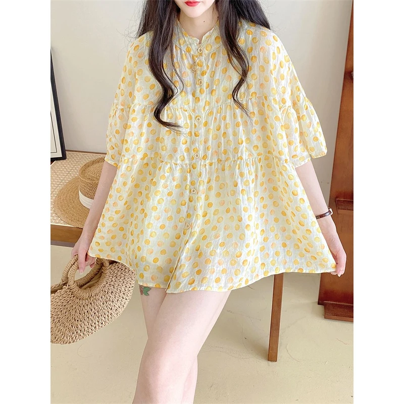 Clothes for Women Summer Fashion Polka Dot Print Buton Up Shirt Kawaii Sweet Oversized Blouse Casual Short Sleeve Vacation Tops