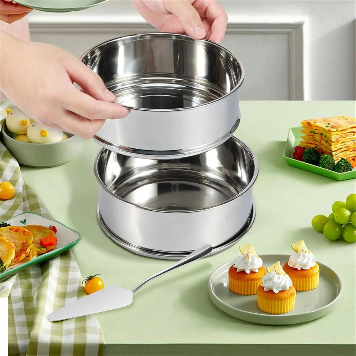AA83 2-Tiers Stainless Steel Steamer 2.4 Quarts Capacity with Lid Stackable Flan Pan Mold Nonstick Steamer Insert Pans